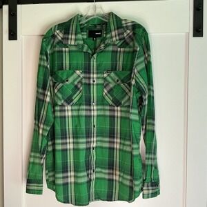 Hurley Shirt Men's Long Sleeve Plaid Western Themed Snap Up Green Black White XL